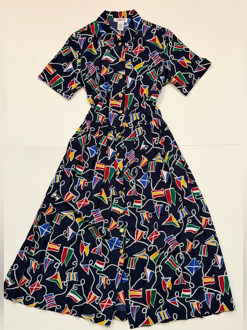 Vintage Talbots Nautical Signal Flag Shirt Dress Gold Buttons Size 12